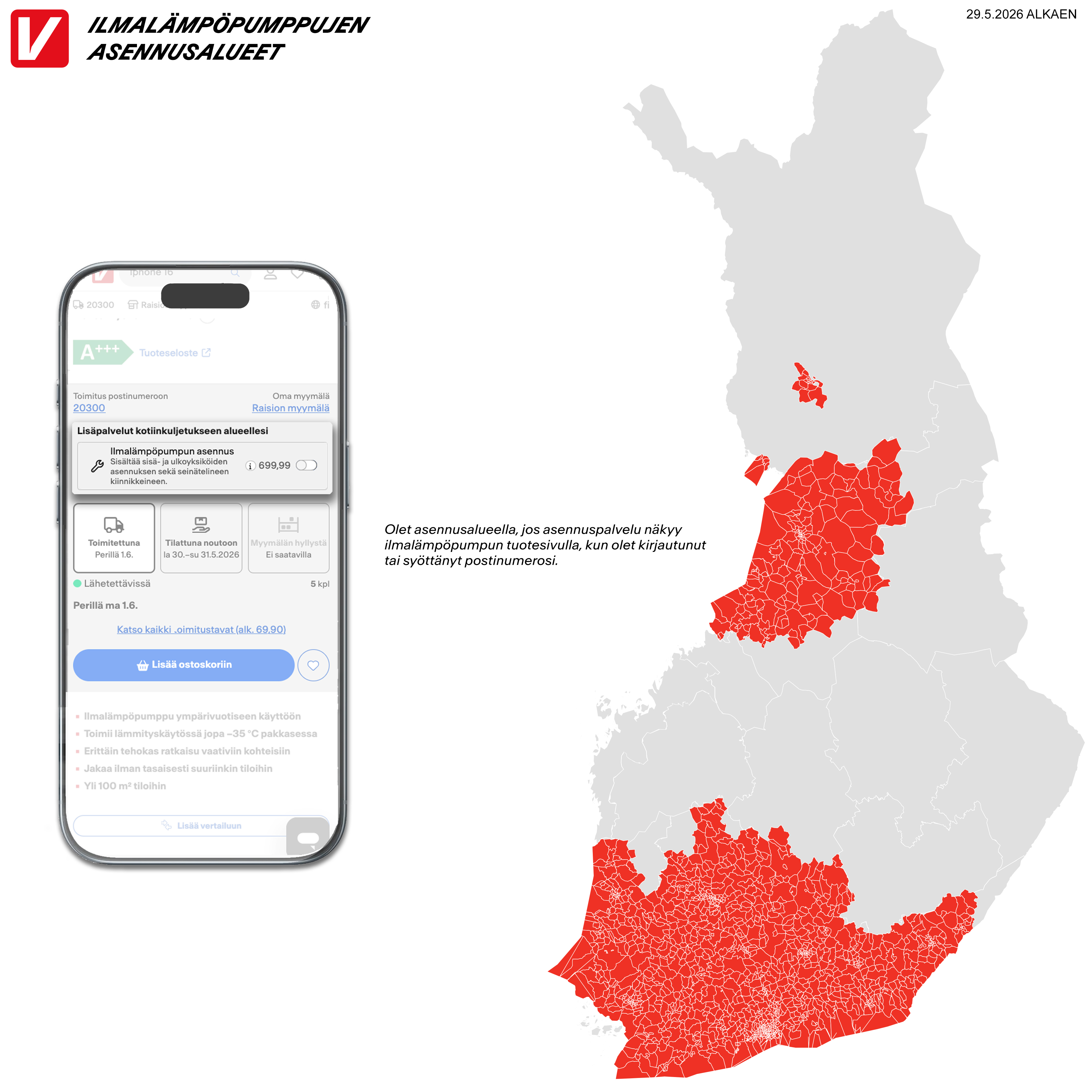 Ilmalämpöpumppujen asennusalueet kartalla